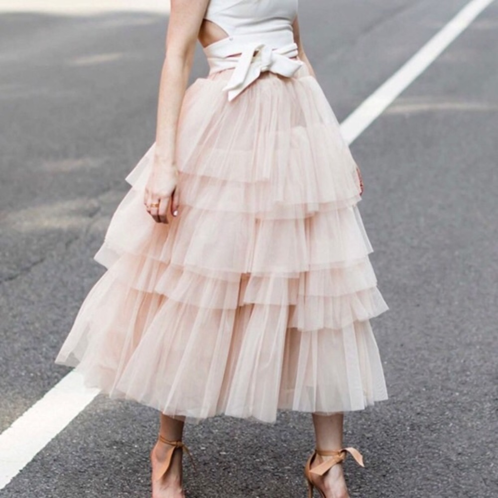 ‘Vienna’ Pale Pink Layered Tulle Midi Skirt